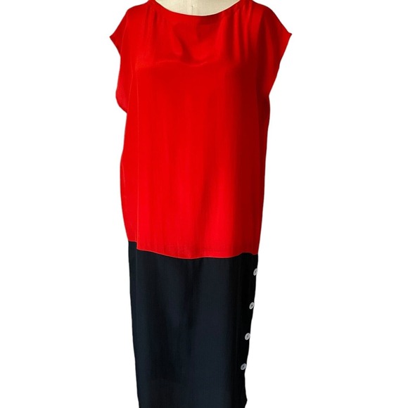 Vintage Carole Little Saint Tropez Orange-Red Black Colorblock Silk Dress Size 6 - Picture 1 of 6
